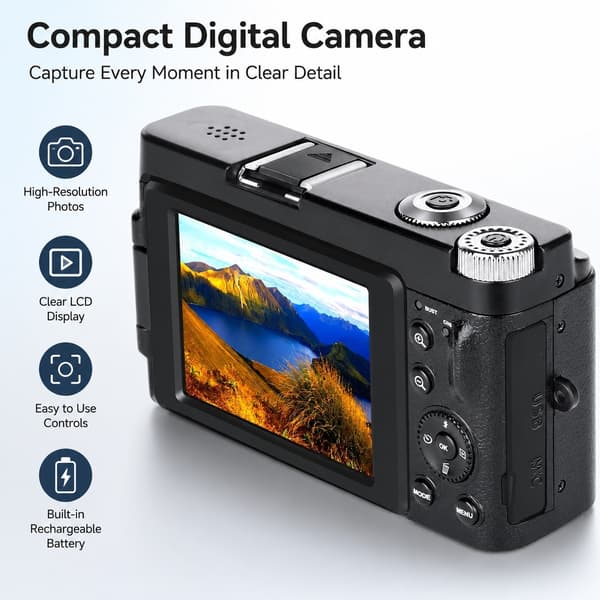 4K 48MP Digitalkamera, 3\" IPS Flip-skærm, Fast fokus, Sort, Vlogging-kamera