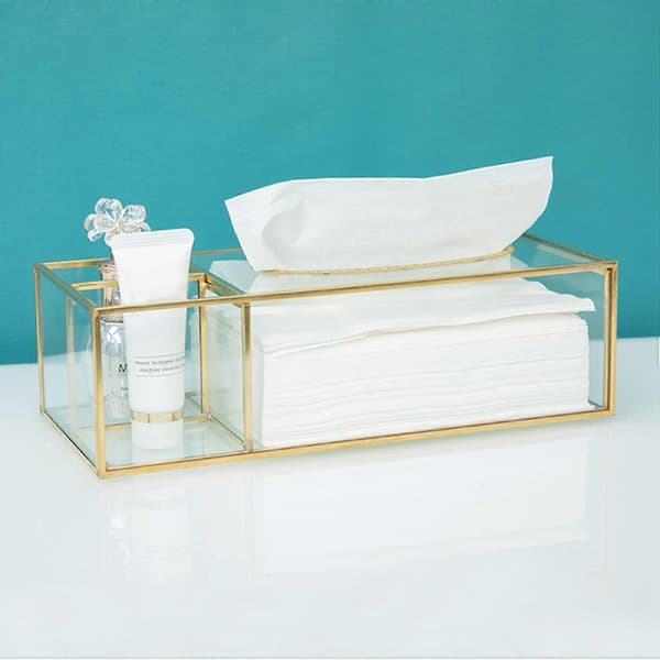 Guld Tissue Box Rektangulär Klar Glas Pappers Tissue Box För Hemmet Tissue Dispenser Geometrisk Glas Tissue Box