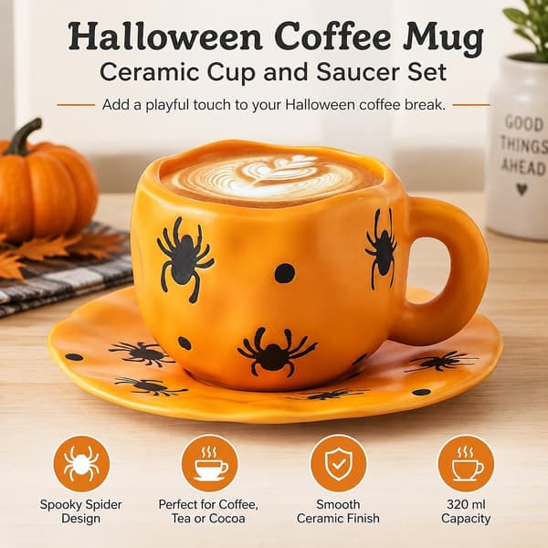 Halloween Kaffemugg 320ml Keramik Spöklik Spindelstil med Fat