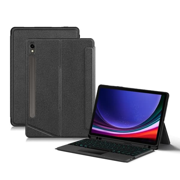Bluetooth-tastaturcover til Samsung Galaxy Tab S9/S9 FE, læder, touchpad, baggrundsbelyst - 12,4 tommer