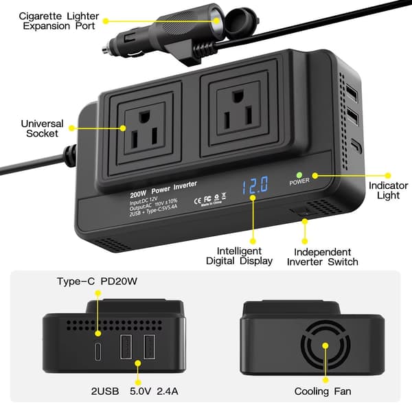 200W Bilstrømomformer, 12V til 110V Strømomformer med PD20W, US-uttak MT8300US Plug-200W