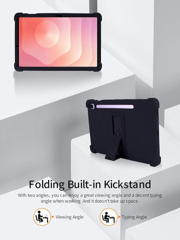 Silikonfodral för Samsung Galaxy Tab S10 Lite 11\", justerbart stativ, stötsäkert, barnvänligt, svart