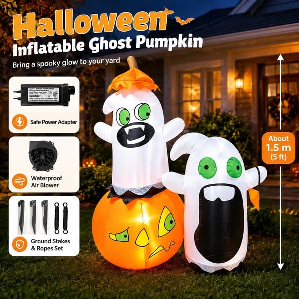 Uppblåsbart spöke med pumpa för Halloween, 1,5 m LED-dekoration för utomhusbruk US regulations