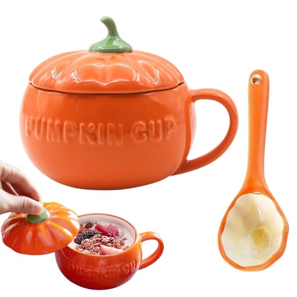 Keramisk pumpamugg med lock och sked, höstkaffekopp, medium, inredning