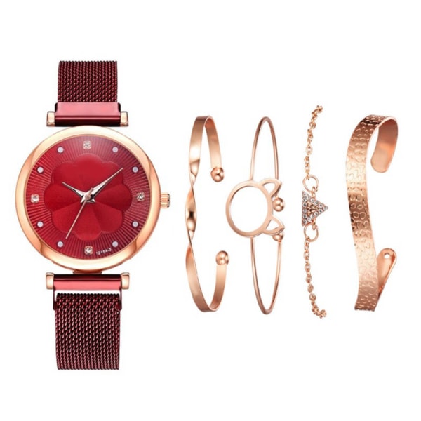 5st watch set Elegent högblank dagliga tillbehör Set med förvaringslåda Röd