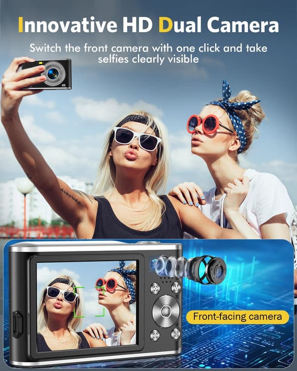 4K 48MP Digitalkamera, 16X Zoom, Webcam-funktion, Sort, Kompakt til Begyndere