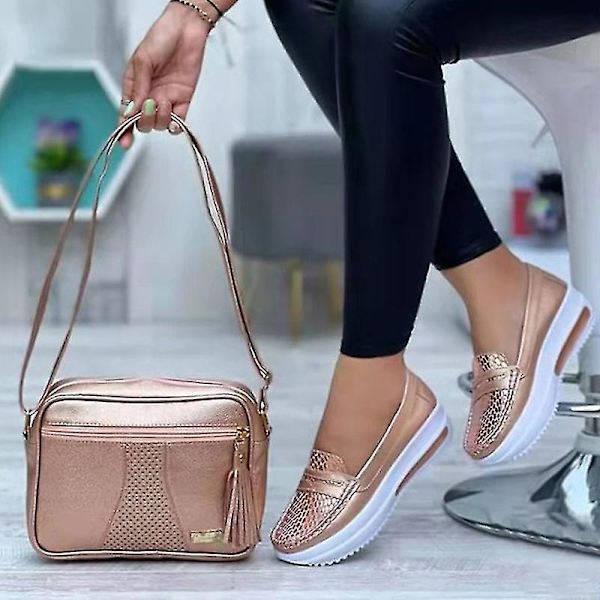 Dam stängda tå loafers casual alla årstider skor låga kilar Champagne EU 40