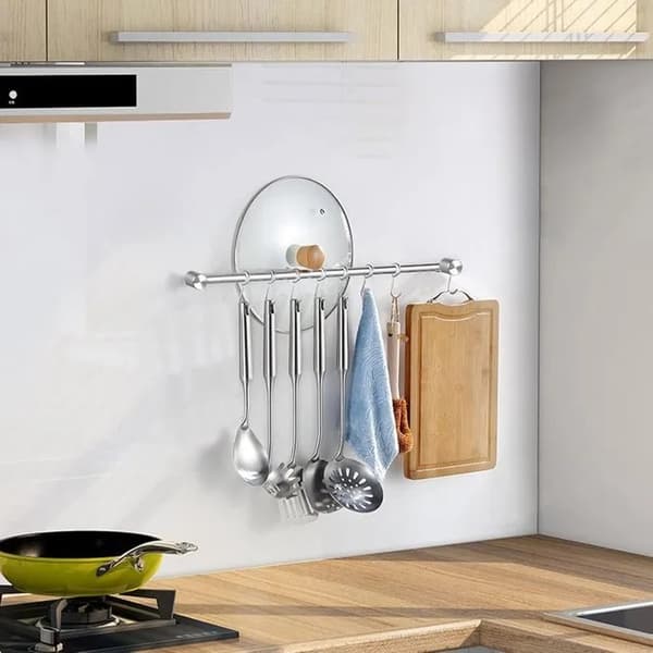 Köksskena i rostfritt stål, 40 cm, 7 krokar, silver, väggmonterad organiserare