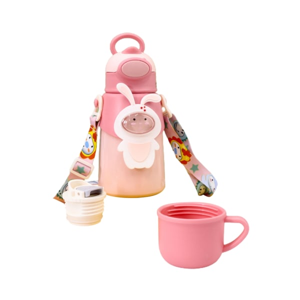 500ML Vakuumkop Lækagesikker Aftagelig Sugerør Lås Design Tegneserie Dobbelt Lag Crossbody Isoleret Flaske til Skole - Pink 500ML