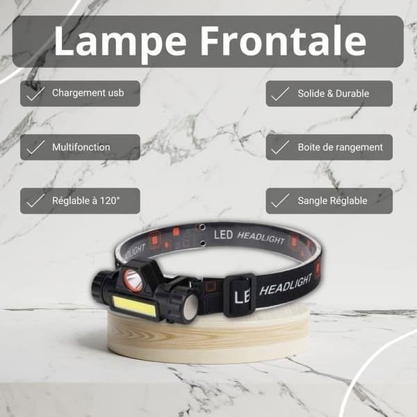 Multifunksjonell USB LED-hodelykt med 2 lysmoduser, 120° justering og integrert magnet for utendørs og fysiske aktiviteter