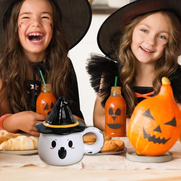 Halloween Spökmugg med Lock, Keramisk Kaffekopp, Vit, Stil 2, Rolig Present