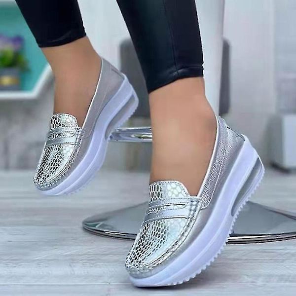 Dam stängda tå loafers casual alla årstider skor låga kilar Silver EU 41