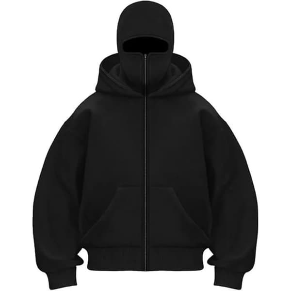 Zip-up hettegenser for menn, svart, lange ermer, hettekrage, for utendørsbruk
