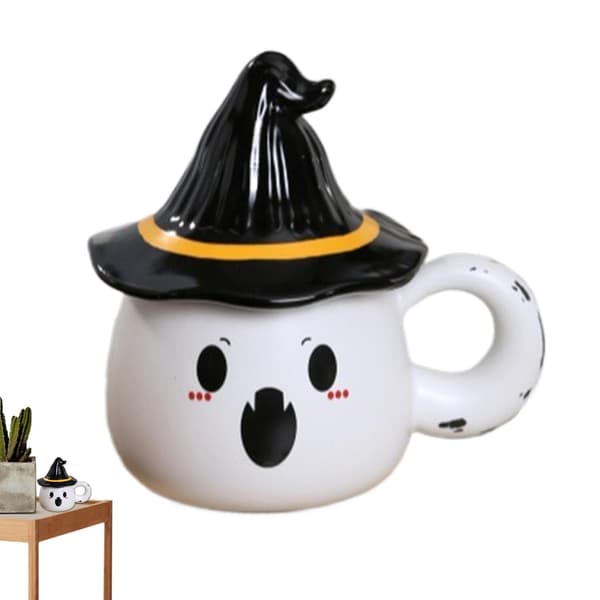 Halloween Spökmugg med Lock, Keramisk Kaffekopp, Vit, Stil 2, Rolig Present