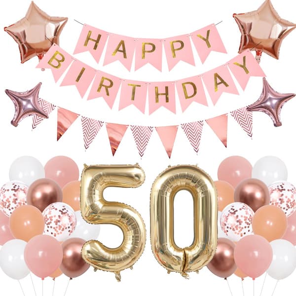 Rosegull 50-årsdag dekorasjoner for kvinner, ballonger, dusker