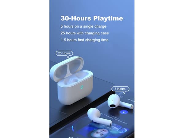 True trådlösa Bluetooth-hörlurar med mikrofon, brusreducering, lång batteritid och kompatibla med iPhone.