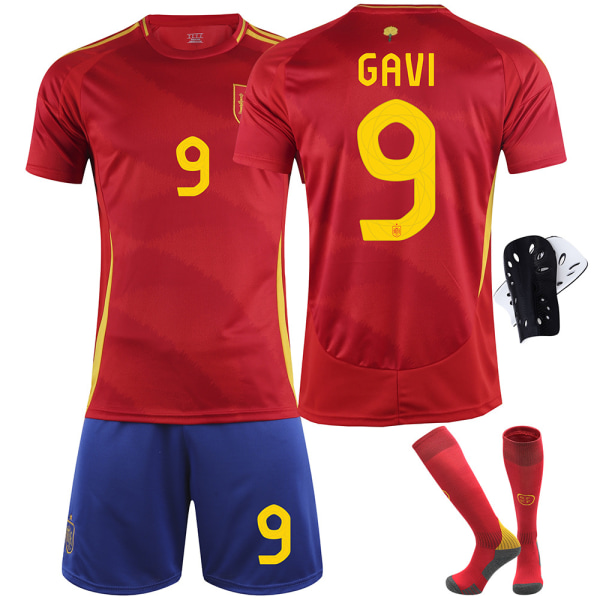 2024 Spania EM-drakt nr. 9 Gavi 26 Pedri 7 Morata 16 Rodri fotballuniformsett - Nr. 16 med sokker + beskyttelsesutstyr 24(130-140cm)