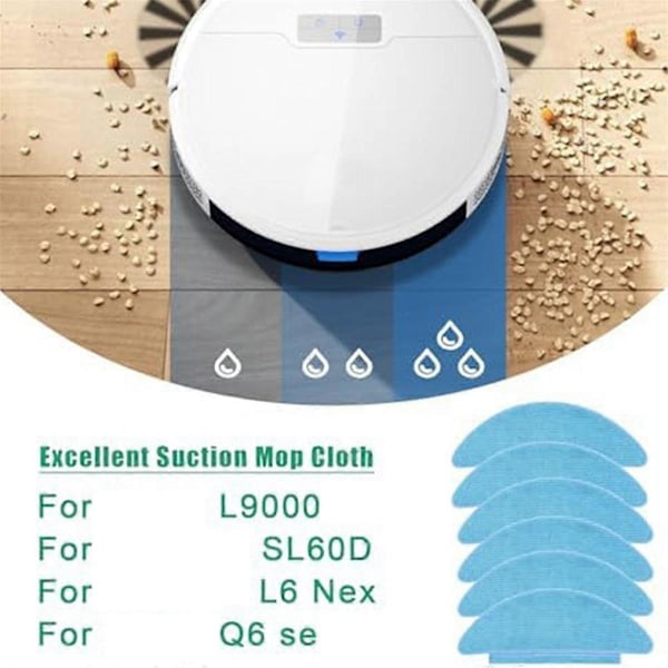 Pakke med 6 moppekluter erstatningsdeler for L9000, for SL60D, for L6 Nex, for Q6 SE robotmopp Blue