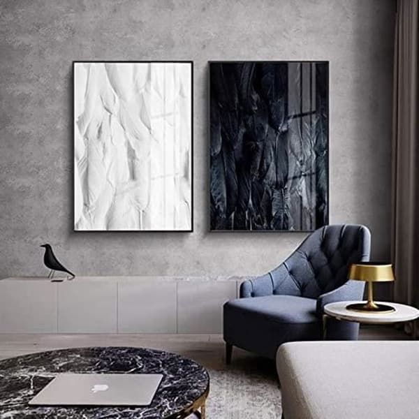 Sæt med 3 moderne lærredstryk med sorte, hvide og guldfjer, 50 x 70 cm