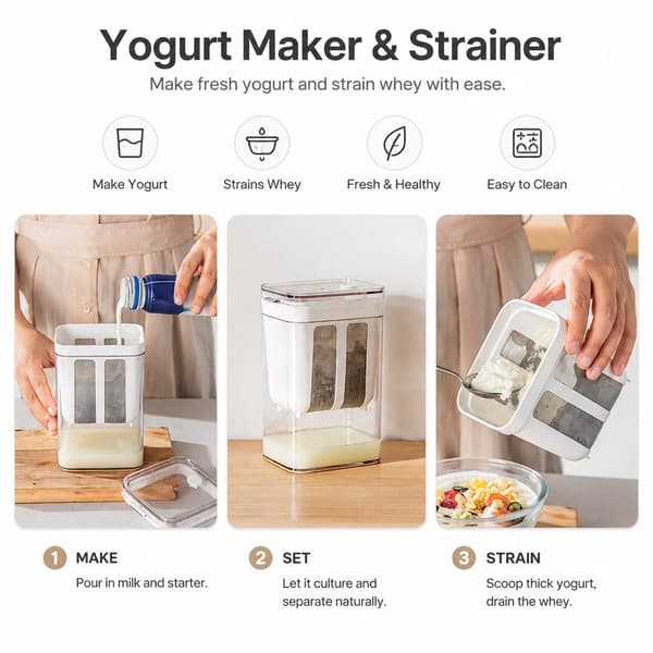 Yoghurtfilter med ekstra finmasket pose, gjennomsiktig lokk, multifunksjonelt ostefilter