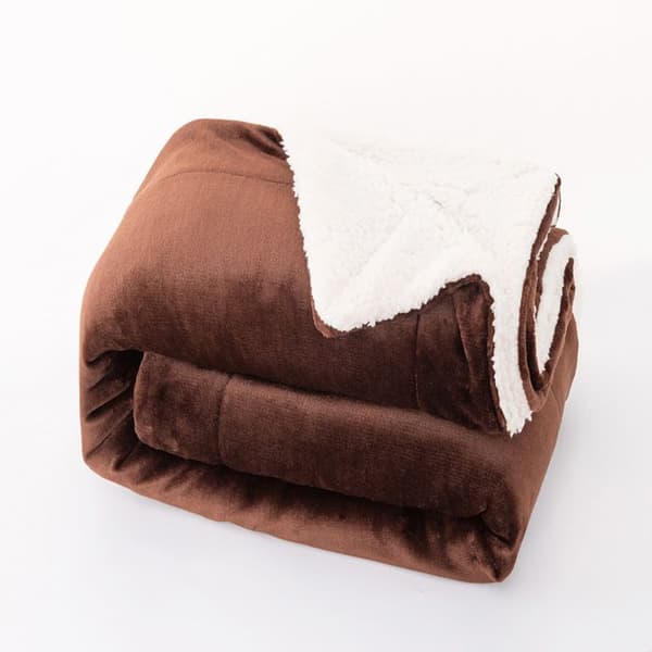 Vendbart plysflonel- og sherpa-tæppe til familie, sofa og seng, 130 x 160 cm, kamel