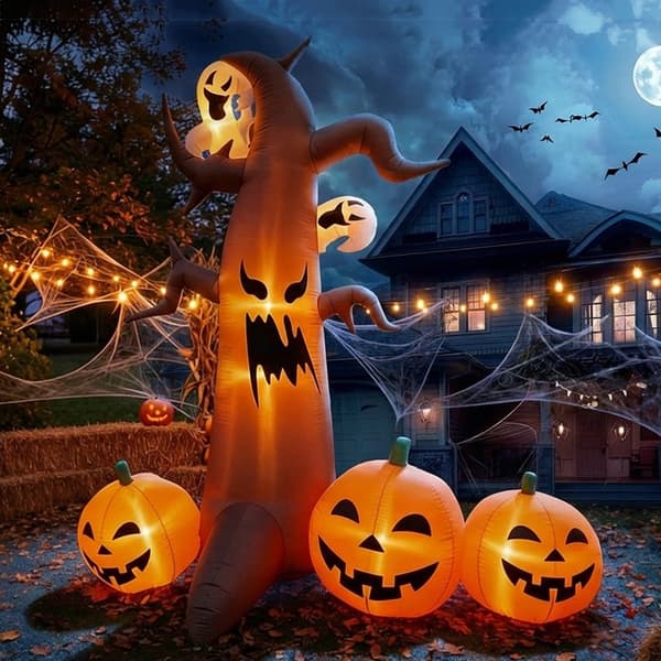 Uppblåsbart dött träd för Halloween med pumpaspöke, LED-lampor, 2,4 m trädgårdsdekoration US Plug