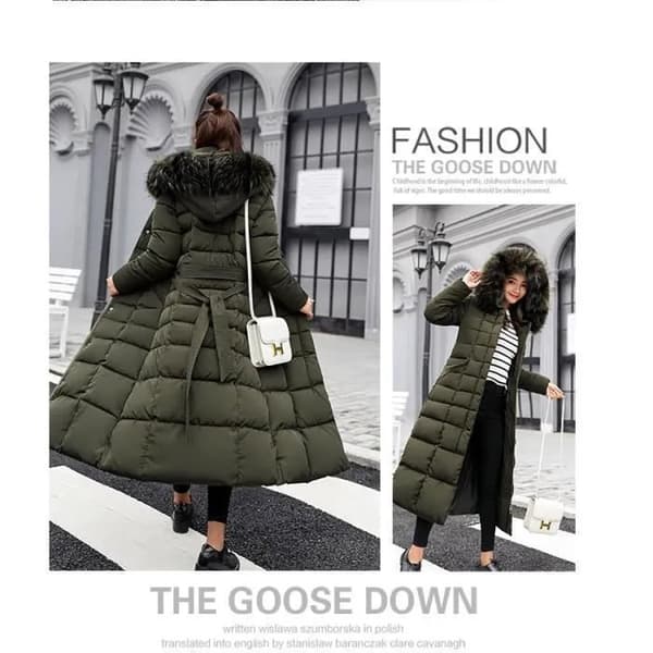 Lång dunjacka för dam, grön, quiltad parkas, varm vinterjacka, elegant och avslappnad