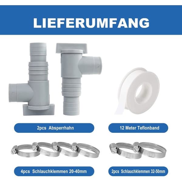 2-pack poolavstängningsventiler med 32 mm slanganslutningar och 6 slangklämmor