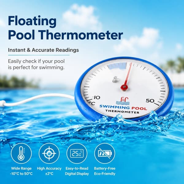 Flydende Pooltermometer, Blå, 304 Rustfrit Stål & Glas, Digitalt Display, Batterifri, -10°C til 50°C
