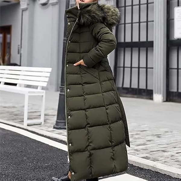 Lång dunjacka för dam, grön, quiltad parkas, varm vinterjacka, elegant och avslappnad