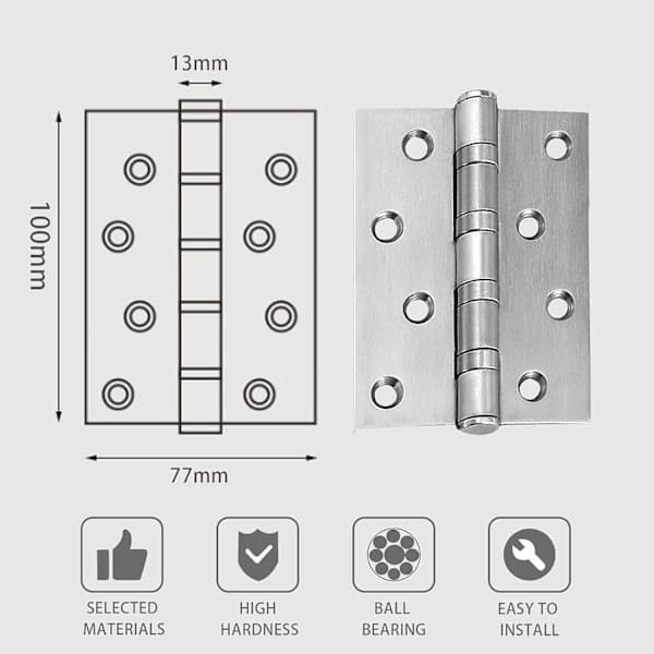 Hængsel i rustfrit stål, 2 stk. Dørhængsler Foldbare Hængsler i rustfrit stål 3 mm tykkelse Hængsler, til massive indvendige døre (Sølv)