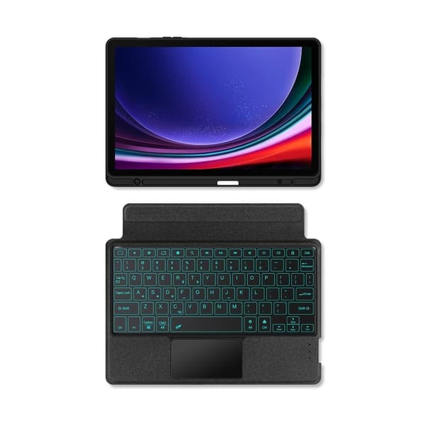 Bluetooth-tastaturcover til Samsung Galaxy Tab S9/S9 FE, læder, touchpad, baggrundsbelyst - 12,4 tommer