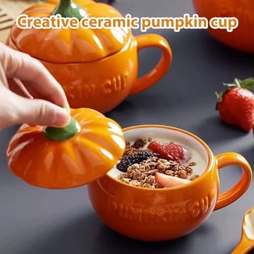 Keramisk pumpamugg med lock och sked, höstkaffekopp, medium, inredning