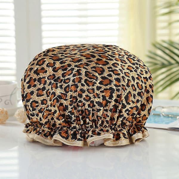 1 st Duschmössa Återanvändbar Duschmössa, Dubbellager Förtjockad Vattentät Duschmössa (Leopardtryck)