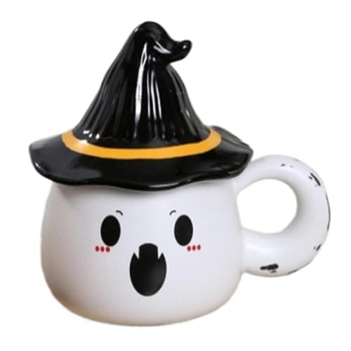 Halloween Spökmugg med Lock, Keramisk Kaffekopp, Vit, Stil 2, Rolig Present