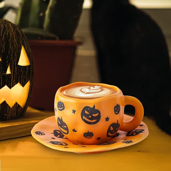 Halloween Keramisk Mugg 320ml med Fat, Pumpastil, Spöklik Kaffekopp