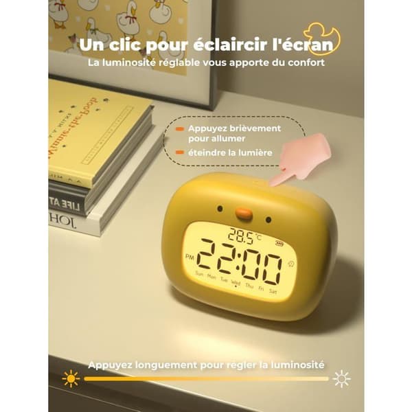 Digital vekkerklokke for barn, 3 alarmer, 12/24-timers format, slumrefunksjon, timer, ukesvisning, andeform
