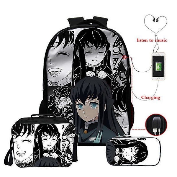 Anime Demon Slayer Muichiro Tokito Reppu Teini-ikäisille Pojille Tytöille Koululaukut Manga Reppu Usb 3kpl/settiä 16 Tuuman Kannettavan Tietokoneen Reput 0muichiro174
