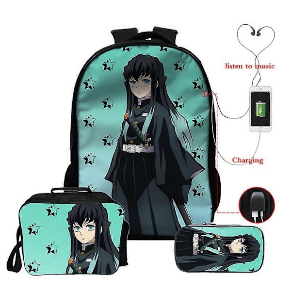 Anime Demon Slayer Muichiro Tokito Reppu Teini-ikäisille Pojille Tytöille Koululaukut Manga Reppu Usb 3kpl/settiä 16 Tuuman Kannettavan Tietokoneen Reput 0muichiro174