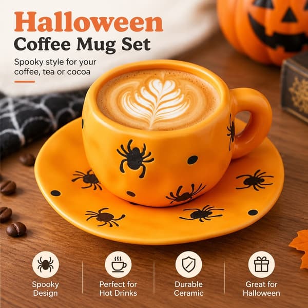 Halloween Kaffemugg 320ml Keramik Spöklik Spindelstil med Fat
