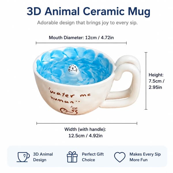 3D Keramisk Mugg med Matchande Tallrik, Djursimningsdesign, Kaffe Te Kopp Present till Älskare