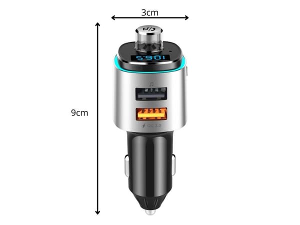 Bluetooth FM-sender for bil, 2 USB-hurtigladere med LED-lys, håndfrie samtaler