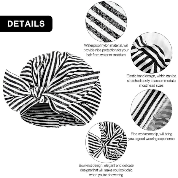 Luksus Brusehætte til Kvinder, Vandtætte Badehætter med Sløjfe, Genanvendelig Brusegave Black and White Stripe
