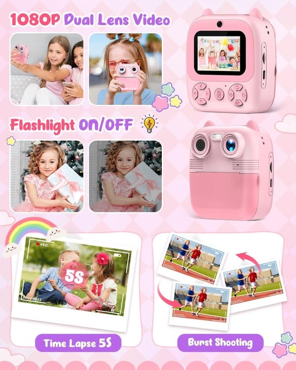 Barnkamera med direktutskrift, dubbla linser, 48 MP, termisk utskrift, 32 GB, rosa
