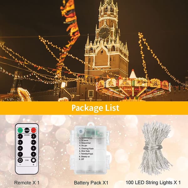 2-pakning batteridrevne julelyslenker, 10 meter 100 LED, 8 moduser, vanntett, utendørsdekor White warm