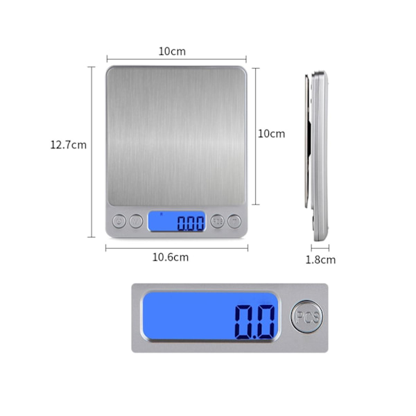 Digital köksvåg med USB laddning, digital våg 0,1g / 3 kg, elektronisk finvåg, PSC / tarafunktion / LCD-display, 6 enheter konvertering