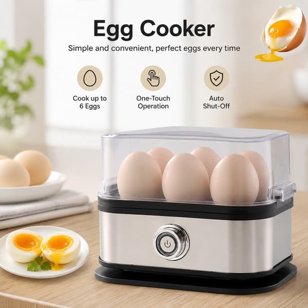 3-i-1 Elektrisk Eggekoker, Automatisk Avstenging, Dampkoker i Rustfritt Stål for Omeletter, Grønnsaker, 6 Egg