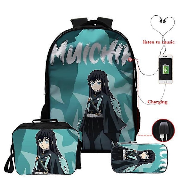 Anime Demon Slayer Muichiro Tokito Reppu Teini-ikäisille Pojille Tytöille Koululaukut Manga Reppu Usb 3kpl/settiä 16 Tuuman Kannettavan Tietokoneen Reput 0muichiro177