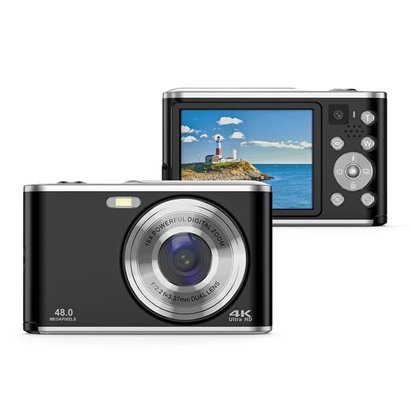 4K 48MP Digitalkamera, 16X Zoom, Webcam-funktion, Sort, Kompakt til Begyndere