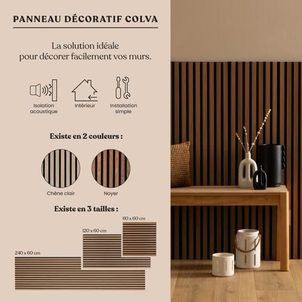 Colva Dekorativ Trælamelpanel, 60 x 60 x 2,1 cm, Valnøddeeffekt